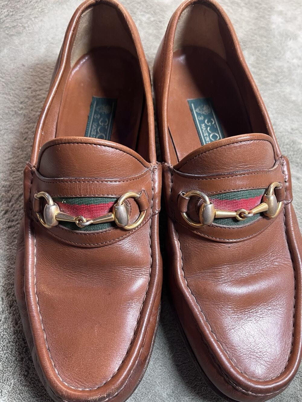 Vintage Gucci Mens 41D Horsebit Web Stripe Brown Leather Loafers Italy